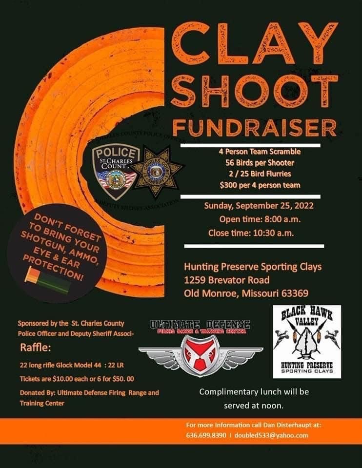 SCCMOPD's tweet image. Support the St. Charles County Police Officer and Sheriff&apos;s Deputy Association at this year&apos;s Clay Shoot Fundraiser. All proceeds benefit the St. Charles County Shop with a Police Officer and Sheriff Deputy holiday giving program for children in need. #SCCPDCommunity