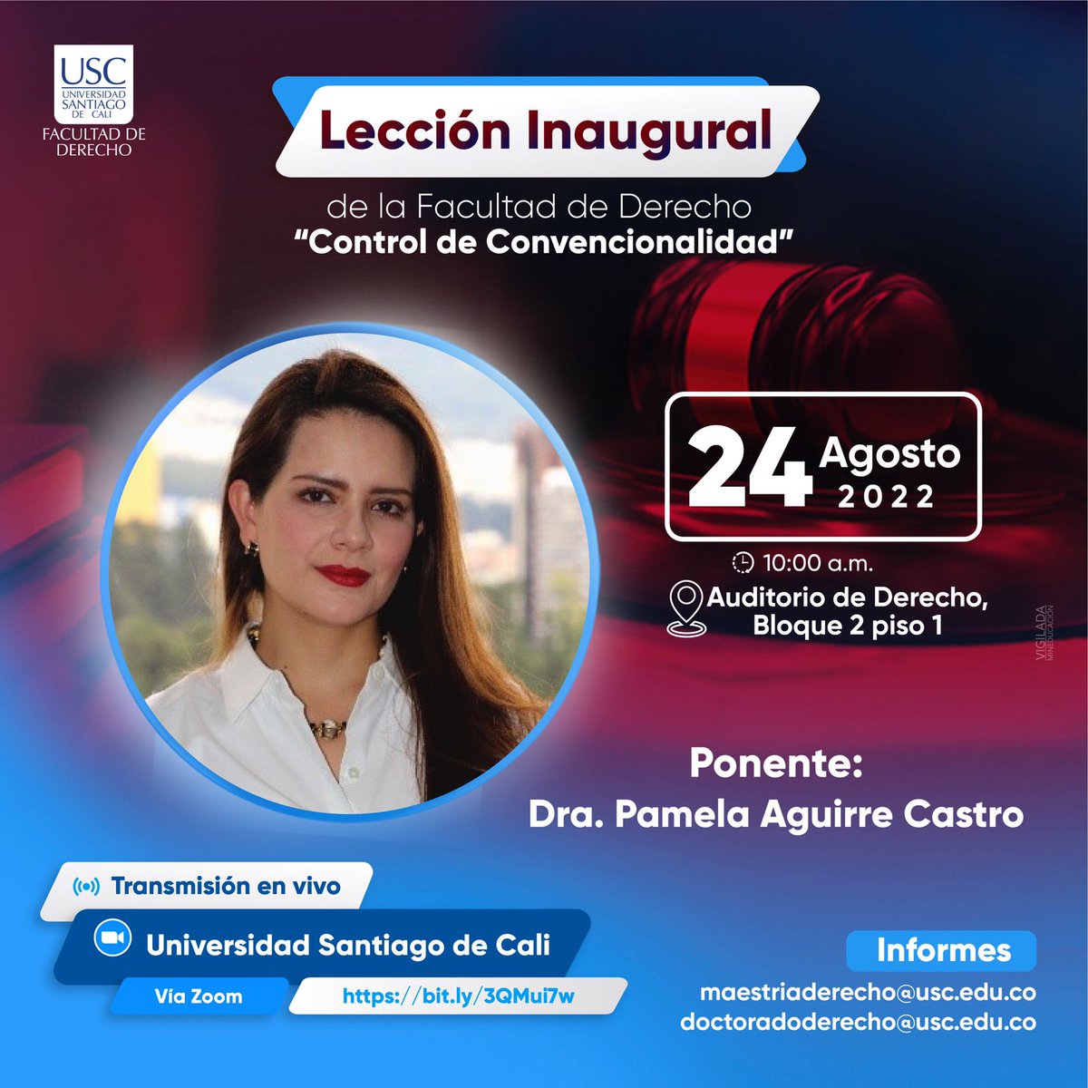 DiegoLeonGomez's tweet photo. La Facultad de Derecho de @usantiagodecali invita a toda la comunidad académica a la Lección inaugural del semestre 2022B. Contaremos con la presencia de la prestigiosa Dra. Pamela Aguirre (@pame_j_aguirre). Si no puedes estar en el auditorio, conéctate: https://t.co/2bbOXMsiUN https://t.co/SNk2P8pAjv