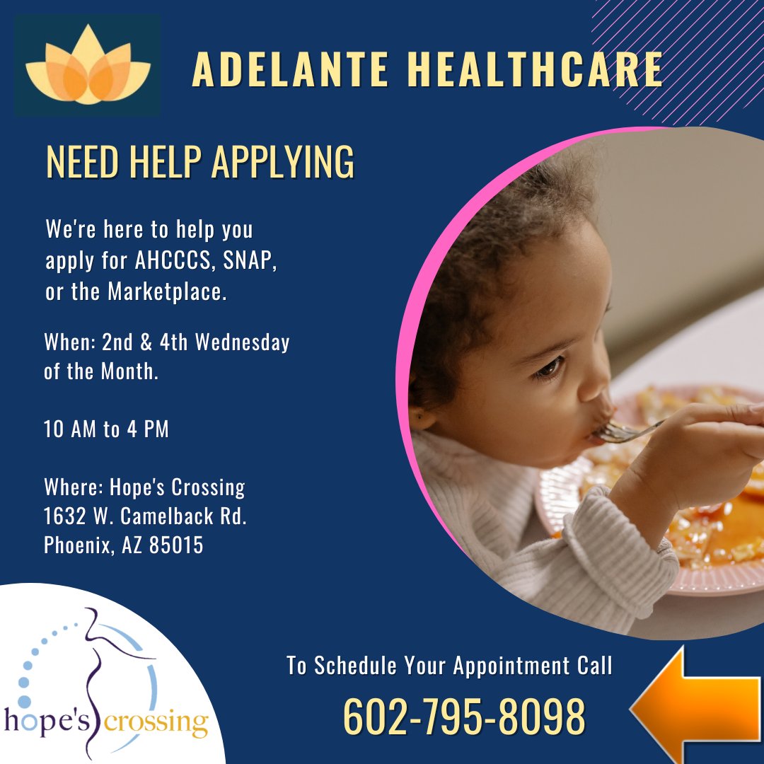 CreateHope's tweet photo. #ApplyForHelp - Tomorrow Adelante Healthcare will be at Hope's Crossing to HELP YOU with applying for Food Stamps, AHCCCS and more. Call 602.795.8098. #AdelanteHealthcare is here every 2nd and 4th Wednesday every month.  @LCBInspires   #HopesCrossing2022 #NutritionHelp https://t.co/UG2z8F2uF0