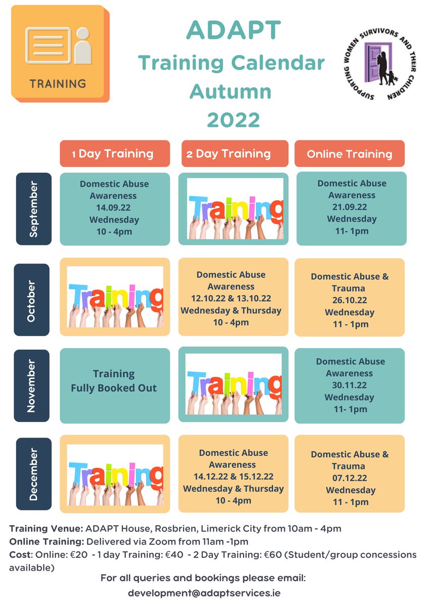 Please see our training calendar for the next few months. 
Email the address below if you'd like to train with us or for more info. We'd love to hear from you. 

development@adaptservices.ie

#DomesticAbuse #CoerciveControl