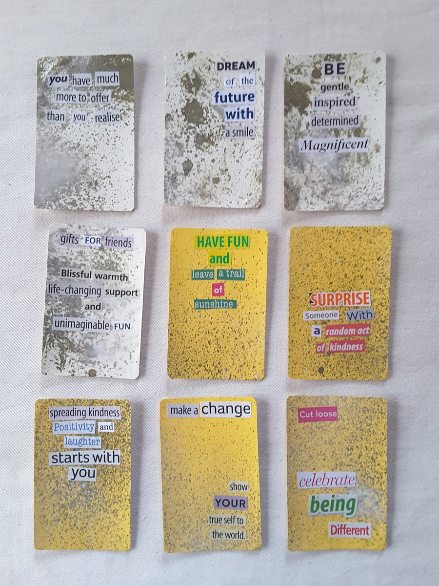 stonecatstudio1's tweet photo. Altered cards, deck 2. The Positive deck, cards 37-45. 
Just having another look at these before starting the next deck. Changing to gorgeous sunny yellow with gold spray ink. Any favourites? 🙂
#alteredcards #positive #collage #arttherapy 
#wordcollage #kindness #love https://t.co/7iDru7NGq0