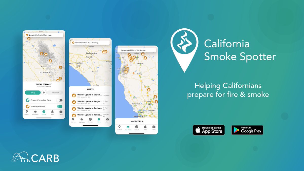 CARB releases #CASmokeSpotter 2.0 on the App Store &amp; GooglePlay. New version helps Californians prepare for both #wildfire &amp; #prescribedfire smoke impacts. 

➡️bit.ly/3T9tTh3
#CASmokeSpotter #wildfires #wildfiresmoke #publichealth #airquality