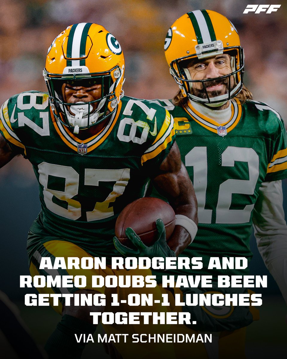 PFF_Fantasy's tweet photo. Aaron Rodgers and Romeo Doubs are lunch buddies https://t.co/yLXmXH2qER