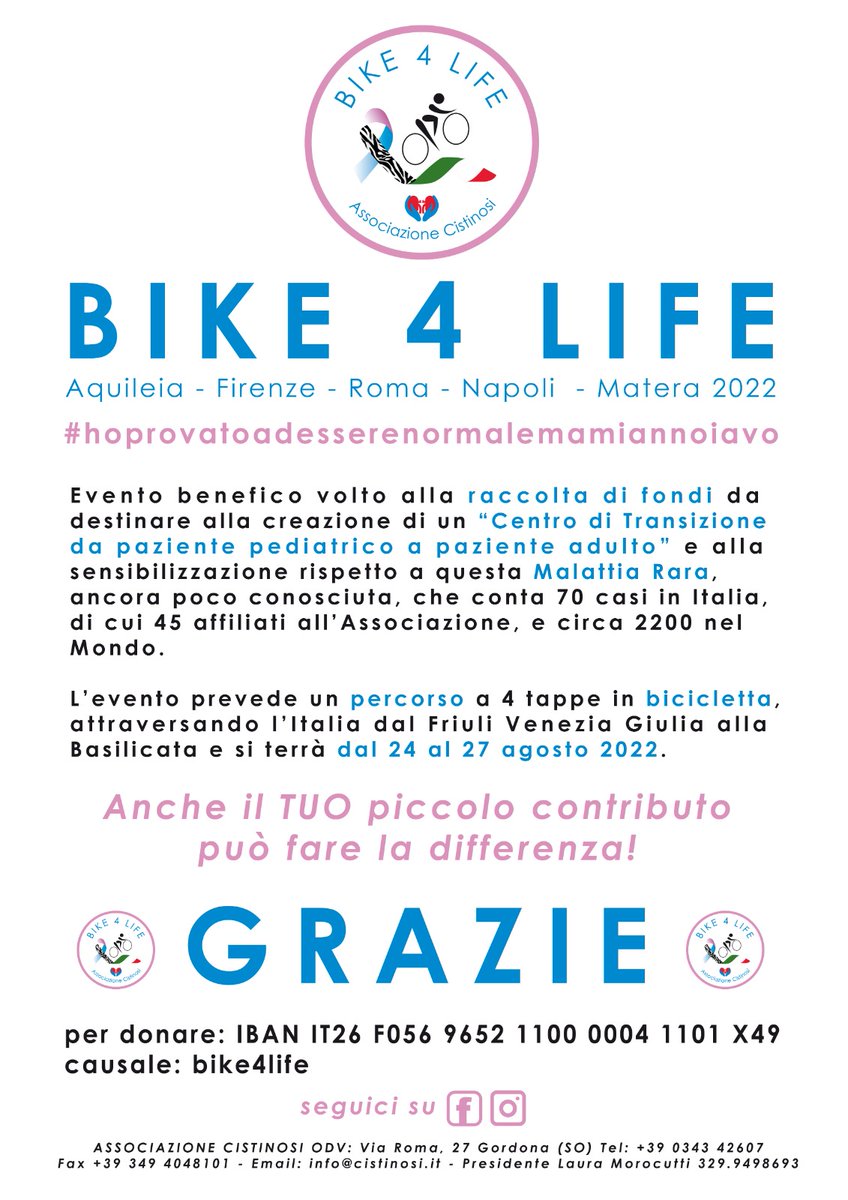 lucarallo's tweet photo. Aquileia, Firenze, Roma, Napoli, Matera, in bicicletta dal Friuli Venezia Giulia alla Basilicata, dal 24 al 27 agosto: sostieni #Bike4Life per raccogliere fondi in favore della ricerca sulla Cistinosi, malattia rara poco conosciuta. 

Condividi e dona ora https://t.co/PfGG9PmG6v https://t.co/2v8MwX7tjH