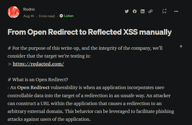 rodricbr_'s tweet photo. I've recently made my first write-up on Medium, telling the story of how I managed to manually find an Open Redirect and then escalating it to a XSS. If you're interested in reading it, check out the link below:
.
https://t.co/0wJuVuvFdr
.
.
.
.
#bugbountytips #BugBounty #medium https://t.co/BoTwRliAE0
