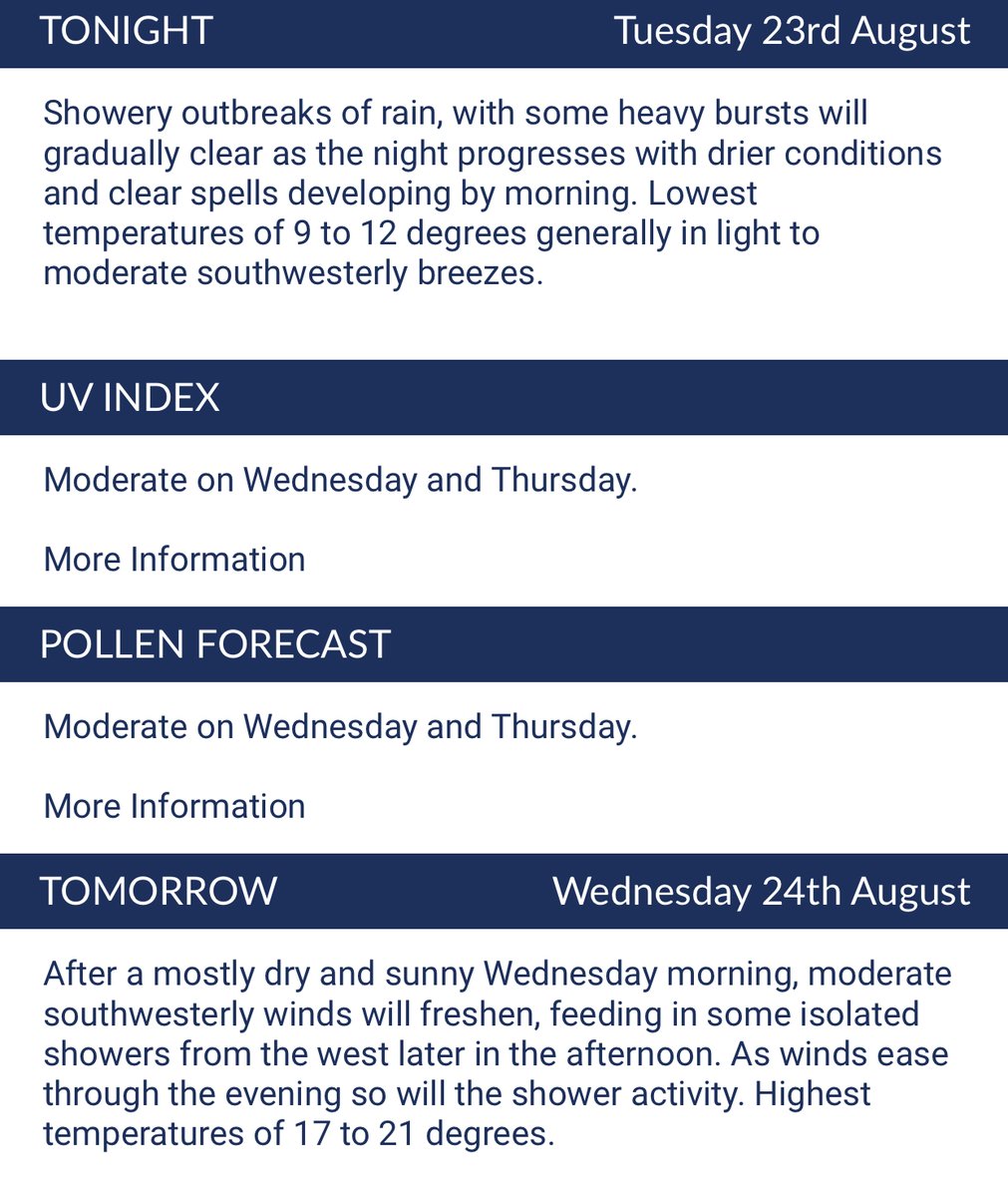 WEATHER: Outlook for tonight &amp; tomorrow (Wednesday 24th August) via Met Éireann. Lowest overnight temperatures of 9 to 12 degrees.

#Leinster #MLNWeather