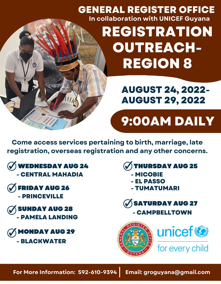 UNICEFGUYSUR's tweet photo. Every child has a right to a name an identity. UNICEF is pleased to support birth registration outreaches in Regions 1,7,8 & 9. Look out for the dates in your Region! #makechildrenvisible https://t.co/4iTCCsGoQq