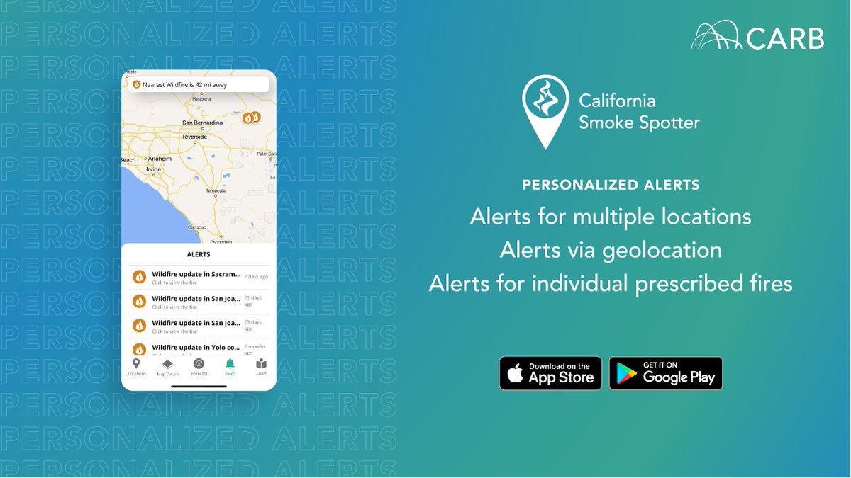 #CASmokeSpotter‘s personalized alert settings can help you plan for possible smoke exposure in your community &amp; other locations around the state

App Store: apple.co/2QPlunG
Google Play: bit.ly/3bTCMYl