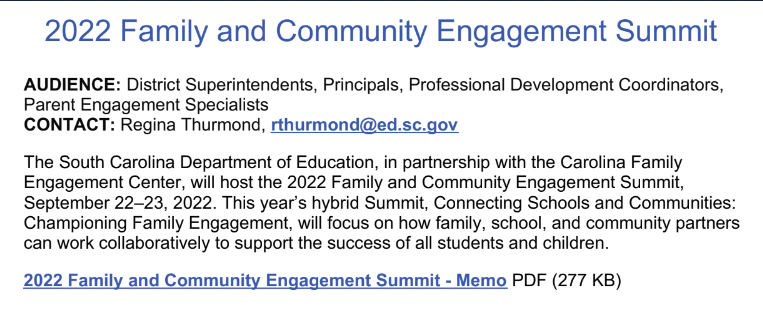 Natalie Osborne Smith, EdD (@smithno2) on Twitter photo Also be sure to check out the Family and Community Engagement Summit hosted by the <a href="/EducationSC/">S.C. Department of Education</a>. More info in the image and link!
ed.sc.gov/newsroom/schoo… Also be sure to check out the Family and Community Engagement Summit hosted by the <a href="/EducationSC/">S.C. Department of Education</a>. More info in the image and link!
ed.sc.gov/newsroom/schoo…