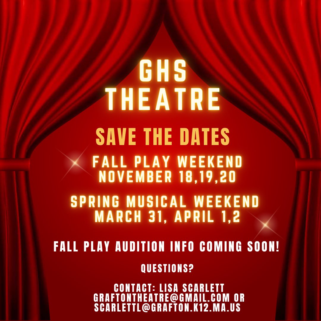 TheatreGrafton's tweet photo. Excited for another great year of theatre! 🎭Stay tuned for more info coming soon! #ghscommunity #schoolplay #schoolmusical #theatrelife https://t.co/tCqLwXmbs5