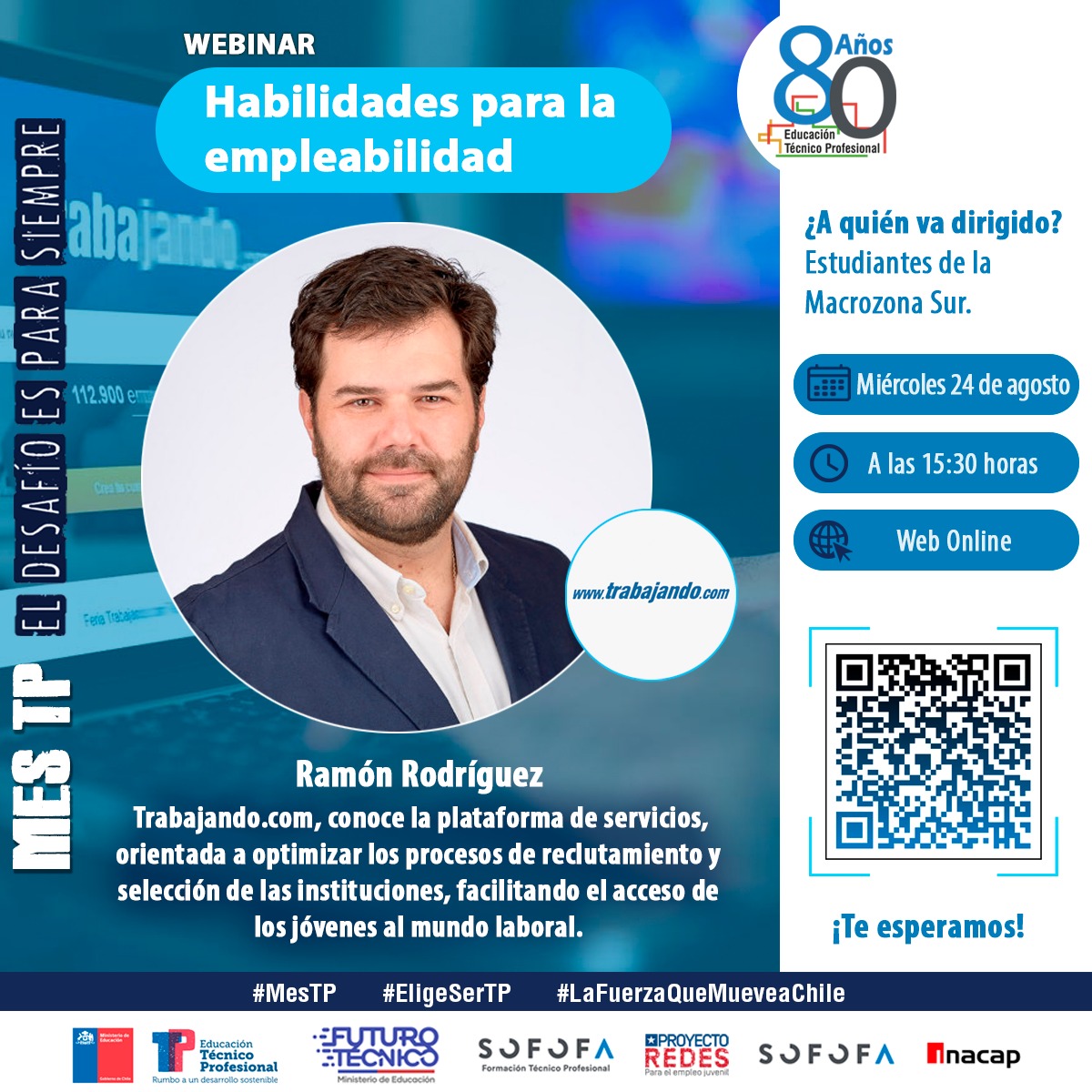 🛑Los esperamos mañana😉, a las 15:30 horas, en el Webinar “Habilidad para la empleabilidad”, dirigido por Ramón Rodríguez, el cual estará orientado a conocer la plataforma de servicios de Trabajando.com💻. @trabajandocl