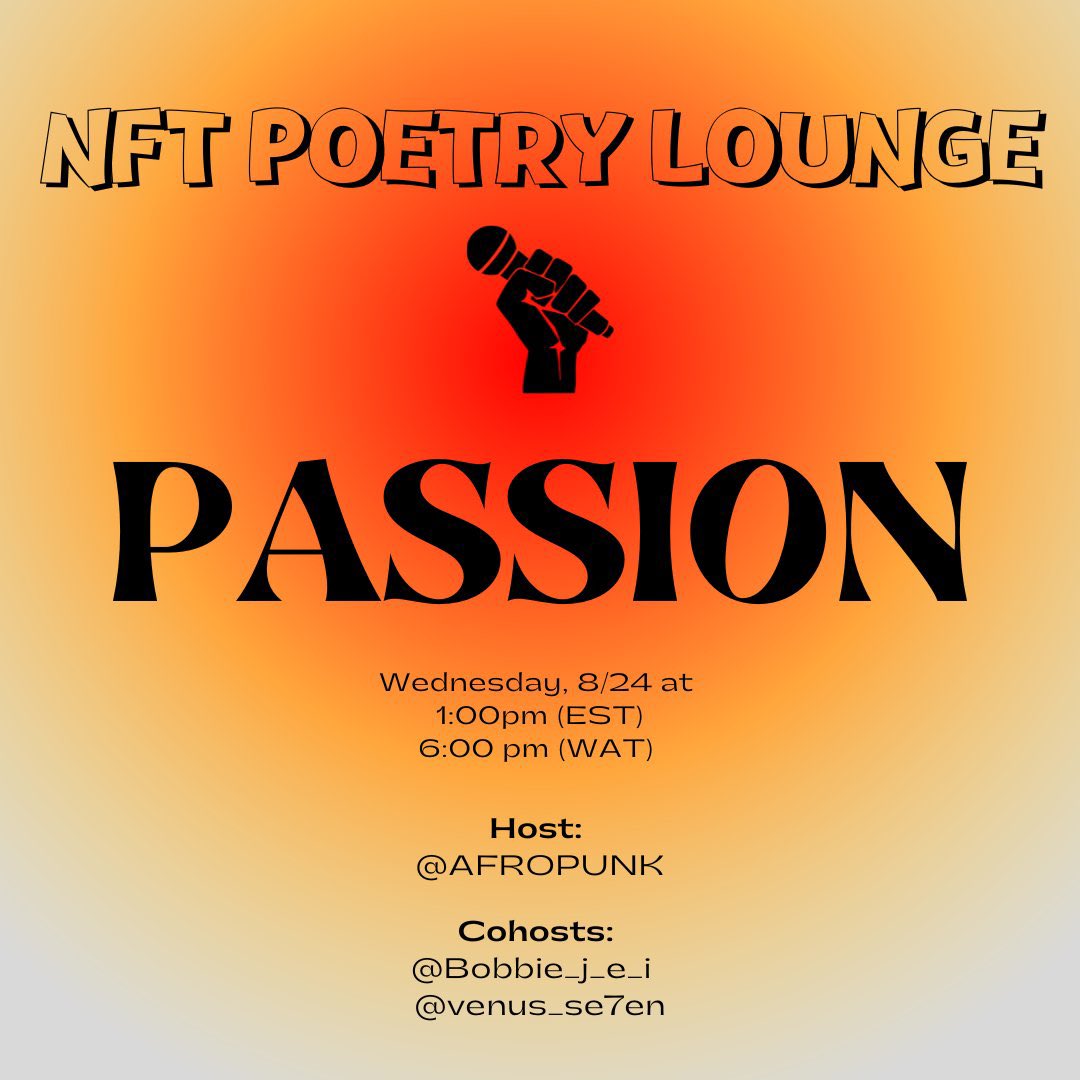 Passion. A truly neutral feeling; it could go with both love, hate, and everything in between!

Join us alongside <a href="/Bobbie_j_e_i/">El Nina(MelPhle) NFTNYC2024</a> <a href="/venus_se7en/">♐ VENUS SE7EN ♐</a> as wee deep dive into passion tomorrow. We are eager to see what you all come up with❤️📝
#NFTPoetryLounge #Poetry

x.com/i/spaces/1OyKA…