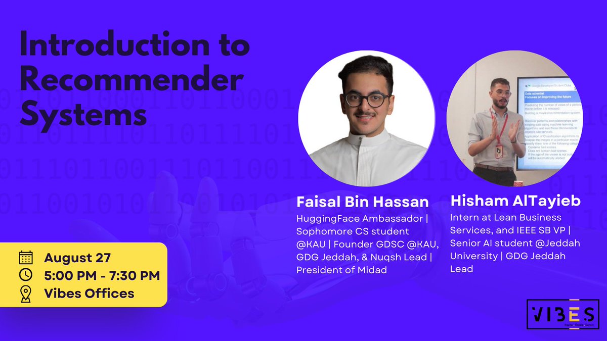 JeddahGdg's tweet photo. Hello World 🤖

We're back with another workshop focused on #AI. @Hisham__Ibrahim &amp;&amp; @FaisalBinHasan_ will show us what are Recommender Systems!

Get your machines with you 💻 
Register 👉🏼 https://t.co/lC8VkTco8r https://t.co/Niaf3PbyDE