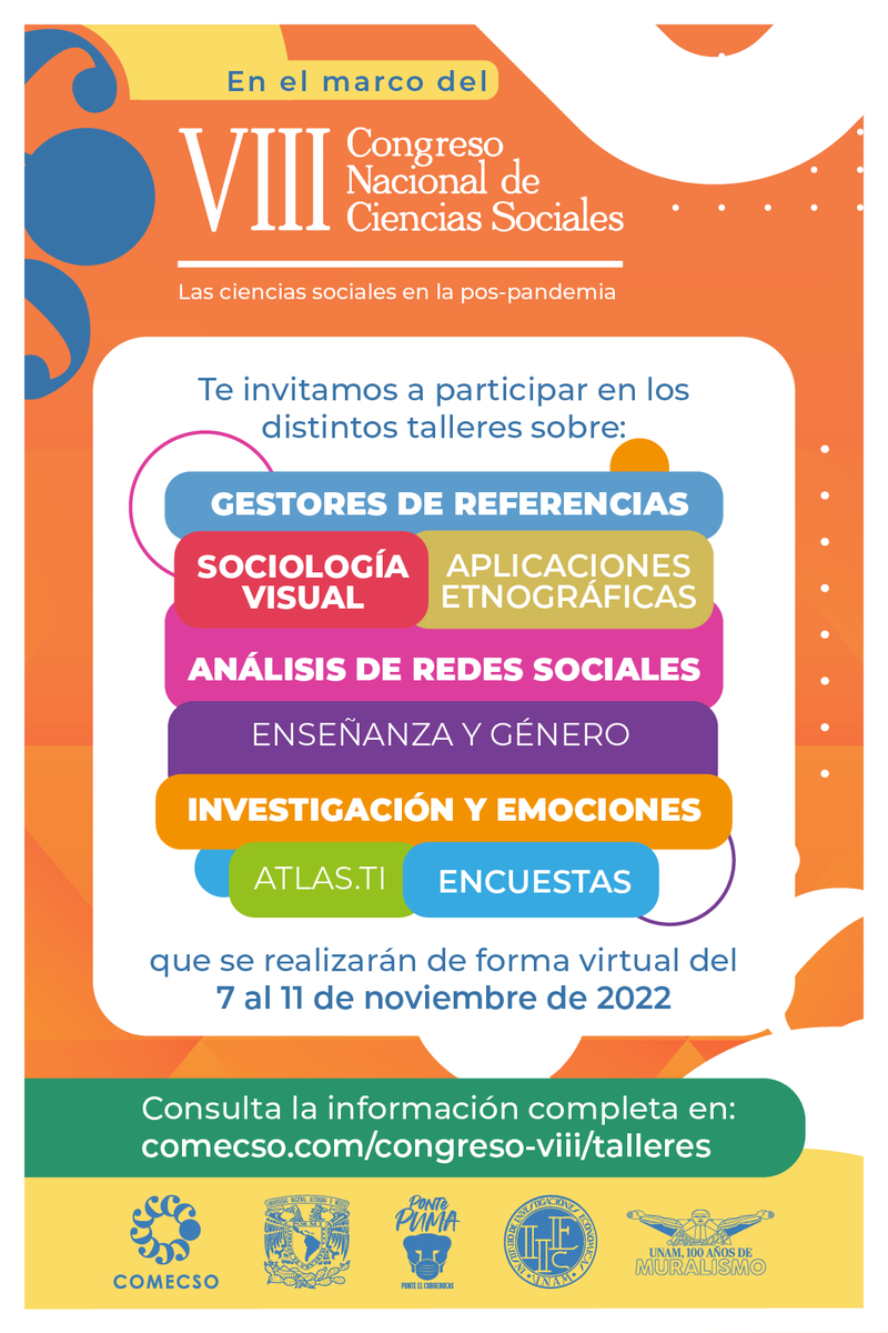 COMECSO's tweet photo. 📢¡Inscripciones abiertas!
Conoce la oferta de #talleresvirtuales en el marco del VIII Congreso Nacional de Ciencias Sociales 🤩 #VIIICNCS

ℹ️Todos los detalles en https://t.co/OVrRJuqluR

#congresocomecso #CienciasSociales #IIECUNAM #COMECSO #Talleres https://t.co/3yxxO1RJup
