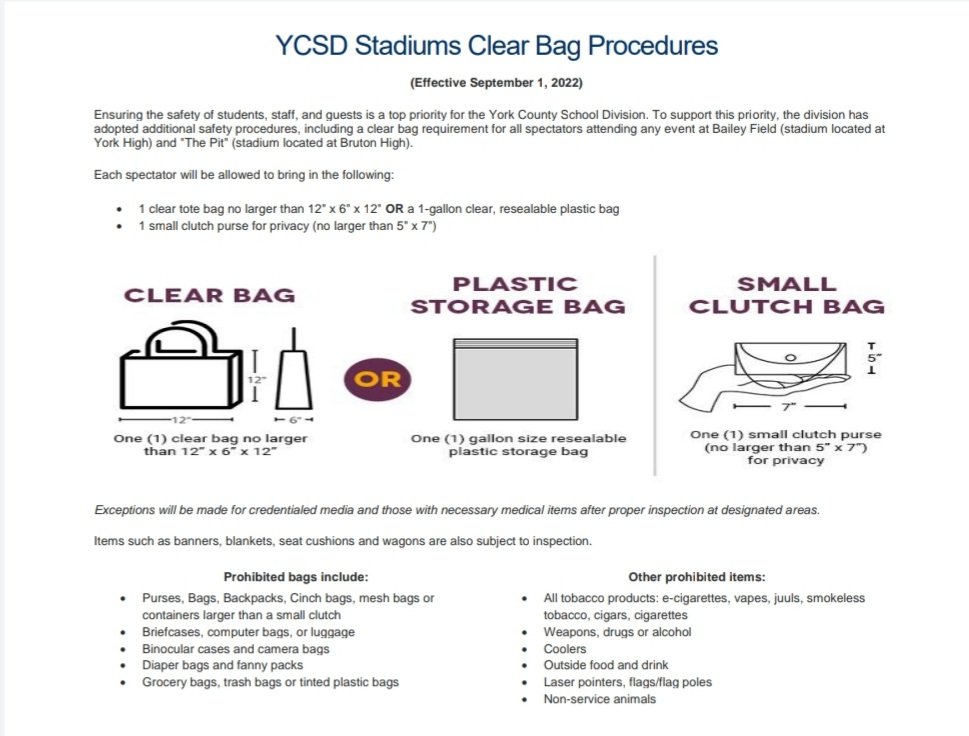 John Ashley (@yorkhsad) on Twitter photo New <a href="/YCSD/">York County School Division</a> Stadium Clear Bag Procedures go into effect Sept 1, 2022 for all spectators at Bailey Field events. Please plan accordingly.
<a href="/YorkFalcons/">York Falcon Sports</a> @yhs_falcons <a href="/YHSFootball/">YorkHighFootball</a> <a href="/YorkFieldhockey/">York Falcons FH</a> <a href="/track_york/">York Falcons Track & Field</a> <a href="/GHSDukes/">Gloucester Athletics</a> New <a href="/YCSD/">York County School Division</a> Stadium Clear Bag Procedures go into effect Sept 1, 2022 for all spectators at Bailey Field events. Please plan accordingly.
<a href="/YorkFalcons/">York Falcon Sports</a> @yhs_falcons <a href="/YHSFootball/">YorkHighFootball</a> <a href="/YorkFieldhockey/">York Falcons FH</a> <a href="/track_york/">York Falcons Track & Field</a> <a href="/GHSDukes/">Gloucester Athletics</a>