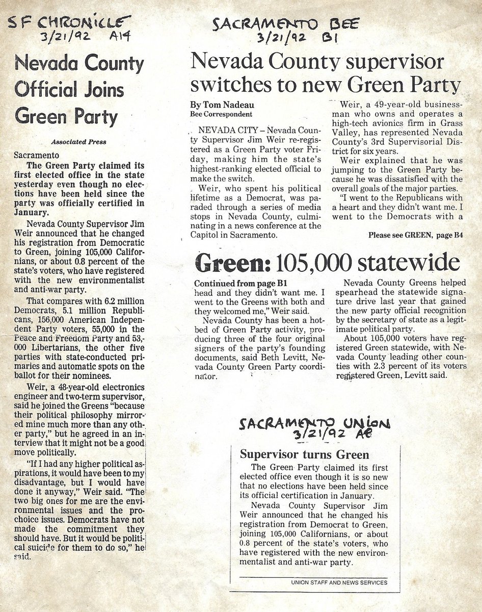 gpelections's tweet photo. The first Green member of a County Board of Supervisors in CA was Jim Weir, who joined the Green Party @gpca on Jan 17, 1992 while already in office (elected 1986 & 1990) & served while registered Green til end of his term June 1994 #NevadaCounty #CountySupervisor #GreensInOffice https://t.co/c4Ja3hlhuf