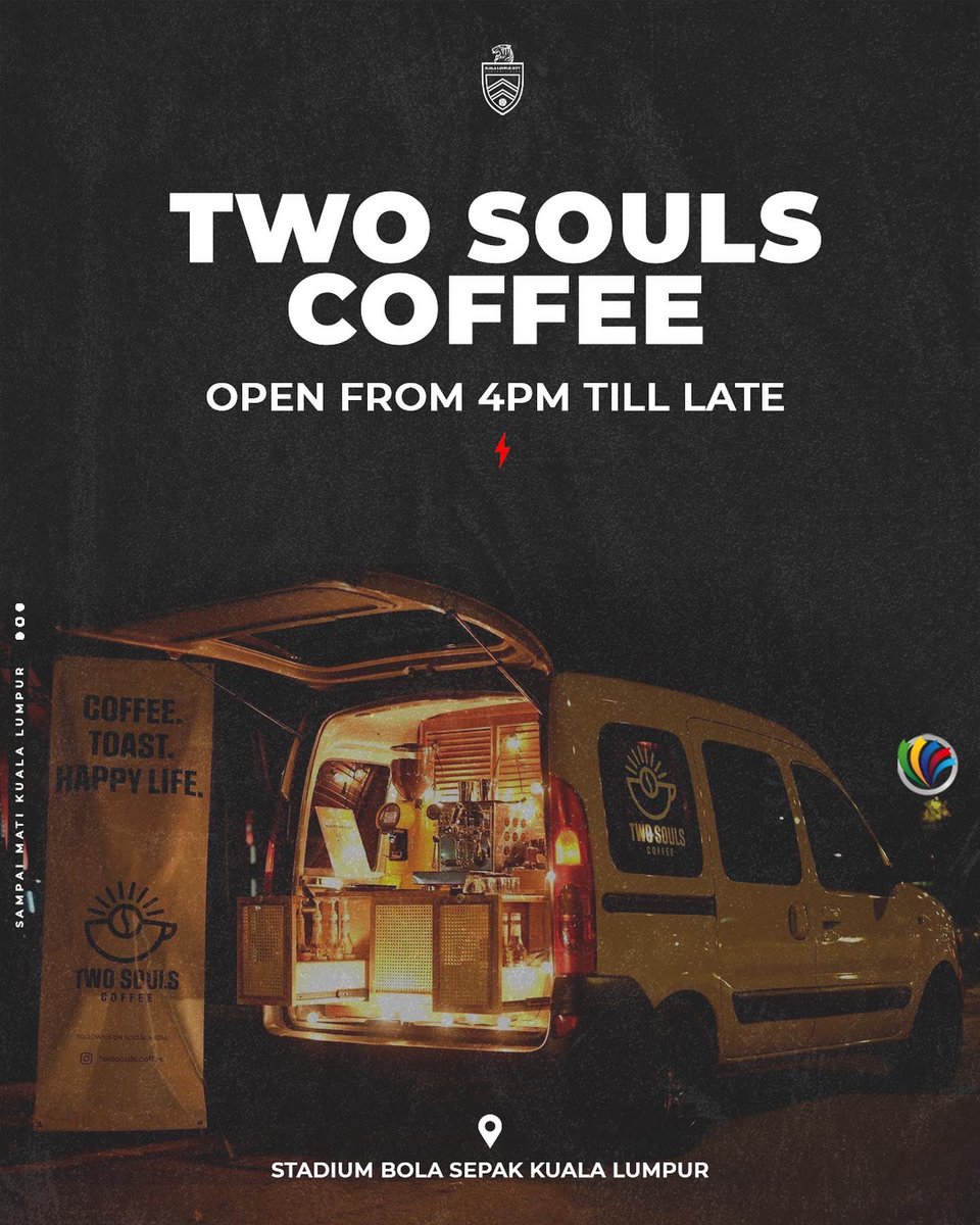 KLCityFootball's tweet photo. What is else happening today at the Stadium? 

🎟 Ticket Counter opens at 4 PM to 10 PM. 

☕️ Two Souls Coffee opens at 4 PM till late. KOPI SEDAP GILA KORANG. KENA TRY. 

👕 Jersey booth open from 4 PM till 10 PM. https://t.co/HNY8qOiiXL