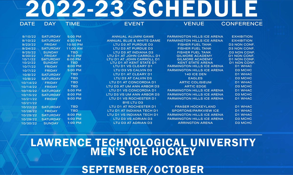 LTUHockey's tweet photo. LTU D1 and D3 schedule is now out for September and October 🏒 Mark your calendars!
• • •
#LTUhockey #hockey #schedulereveal #hornsup #devildown https://t.co/IiiVEBmHHO