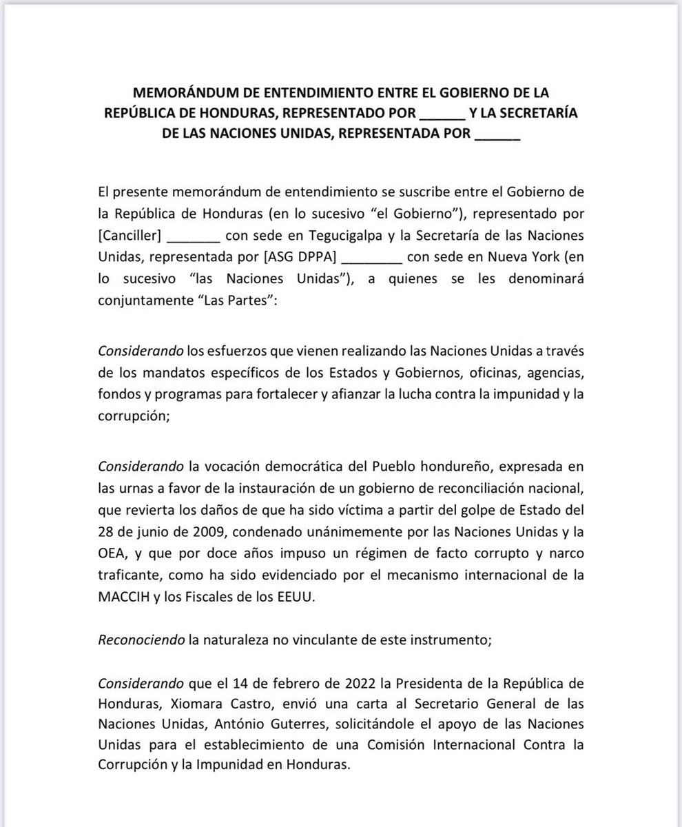 EnriqueReinaHN's tweet image. 1/2 Para mayor transparencia y como una muestra inequívoca de la voluntad política de la Presidenta @XiomaraCastroZ pars luchar contra corrupción, hacemos público  los cambios propuestos por el Gobierno de Honduras al borrador de MoU para establecimiento de la CICIH