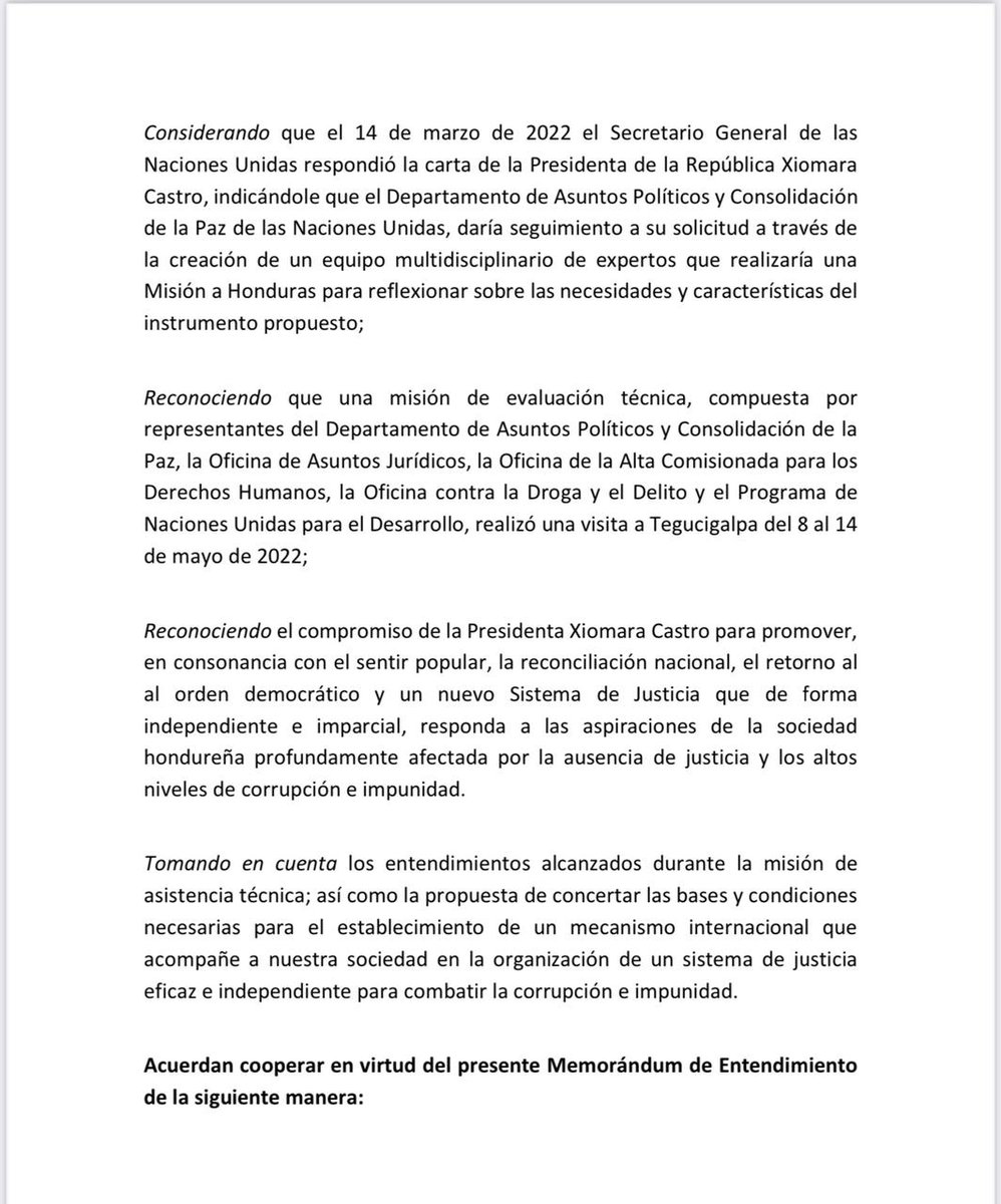 EnriqueReinaHN's tweet image. 1/2 Para mayor transparencia y como una muestra inequívoca de la voluntad política de la Presidenta @XiomaraCastroZ pars luchar contra corrupción, hacemos público  los cambios propuestos por el Gobierno de Honduras al borrador de MoU para establecimiento de la CICIH