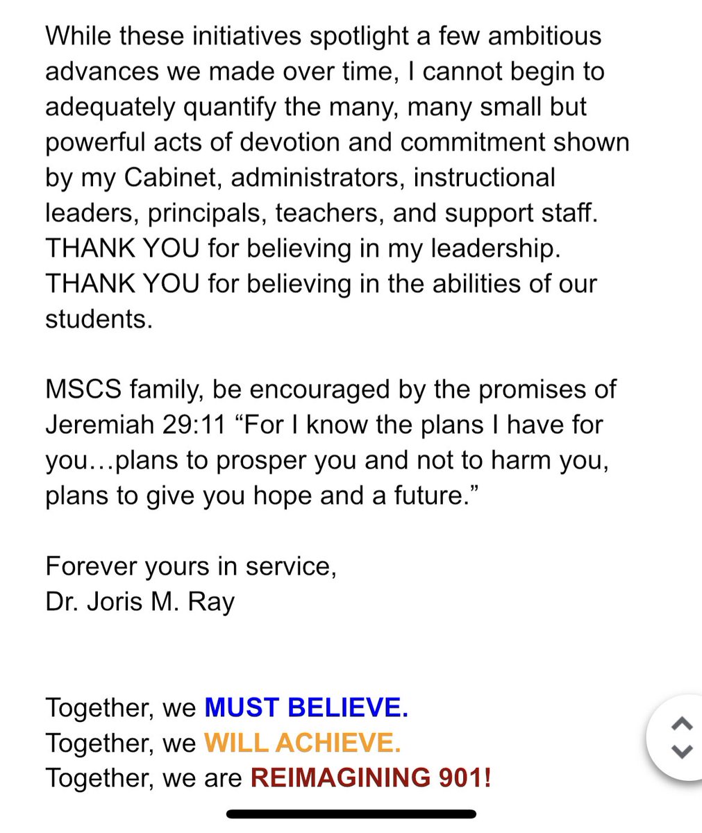I can’t begin to quantify the many, many small but powerful acts of devotion and commitment shown by my cabinet, administrators, instructional leaders, principals, teachers, and support staff. 

THANK YOU for believing in my leadership. THANK YOU for believing in our students.