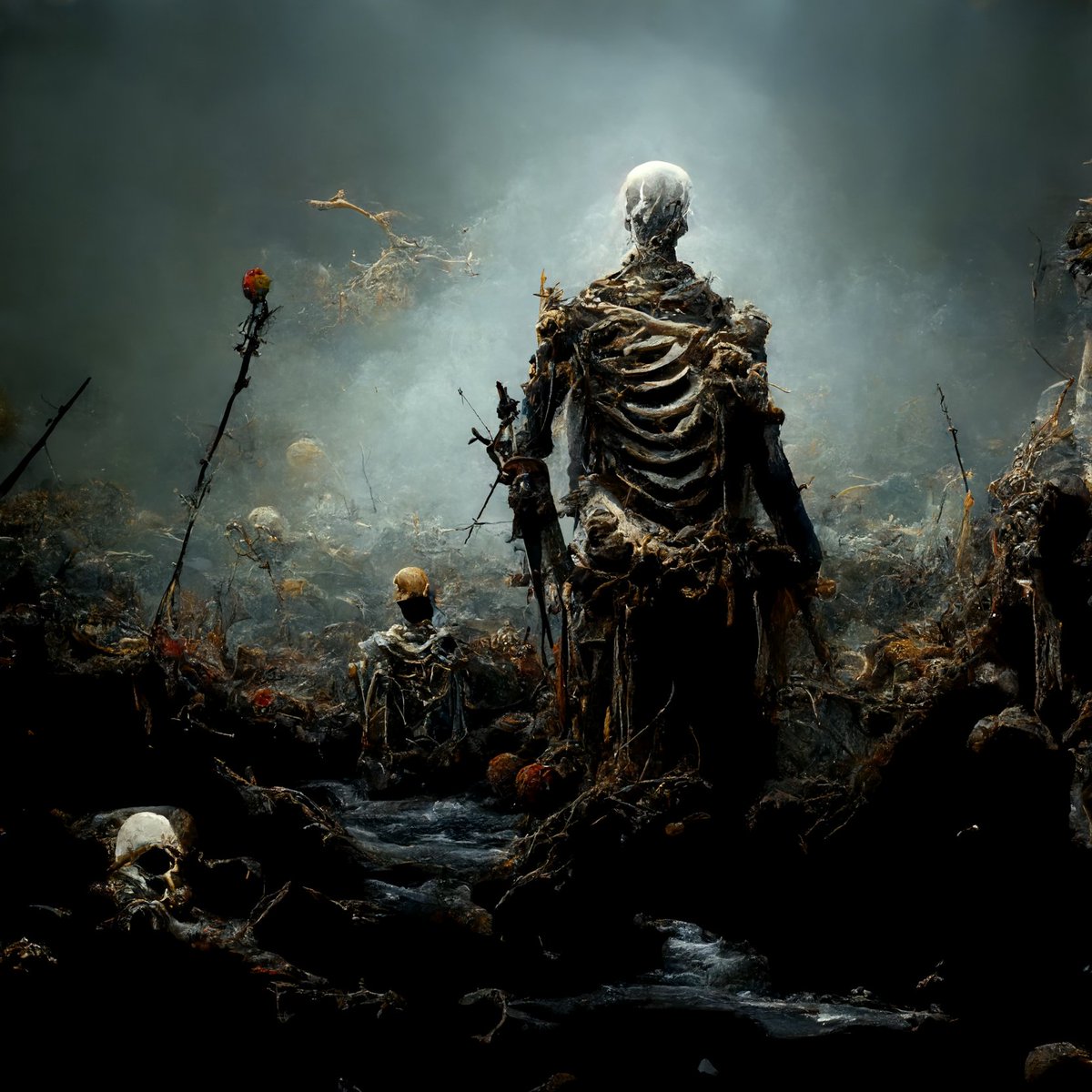 /imagine insane god of war standing next to a river universe, ground covered in skeletons, gothic, new age, realism..