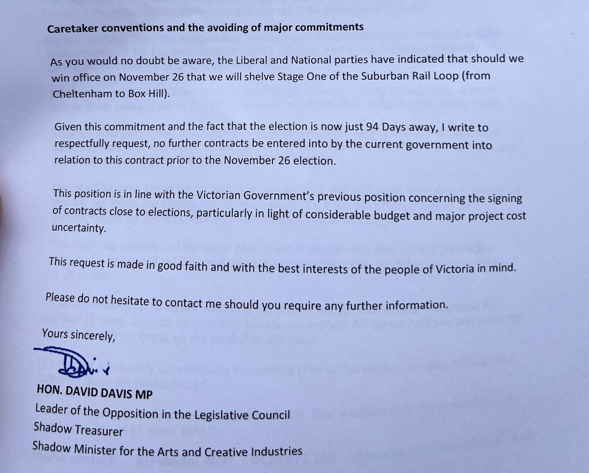 SharnelleVella's tweet photo. Shadow Treasurer David Davis has written to the Department of Premier and Cabinet requesting they do not sign Suburban Rail Loop contracts prior to the election. They believe caretaker mode has begun on major decisions - despite the official date being Nov 1. @7NewsMelbourne https://t.co/88sirWSX2M