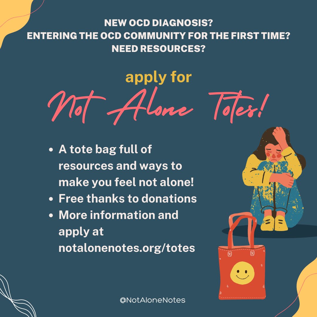 MorganRondo's tweet photo. New to OCD? Apply for a NOT ALONE TOTE

These are tote bags jammed full of resources mailed out for free.

💌Any ages
💌Preference will be given in the order of applications, and to individuals new to the diagnosis/community.

Link to apply at https://t.co/PtNtnqVnaT https://t.co/mzo0caJa3C