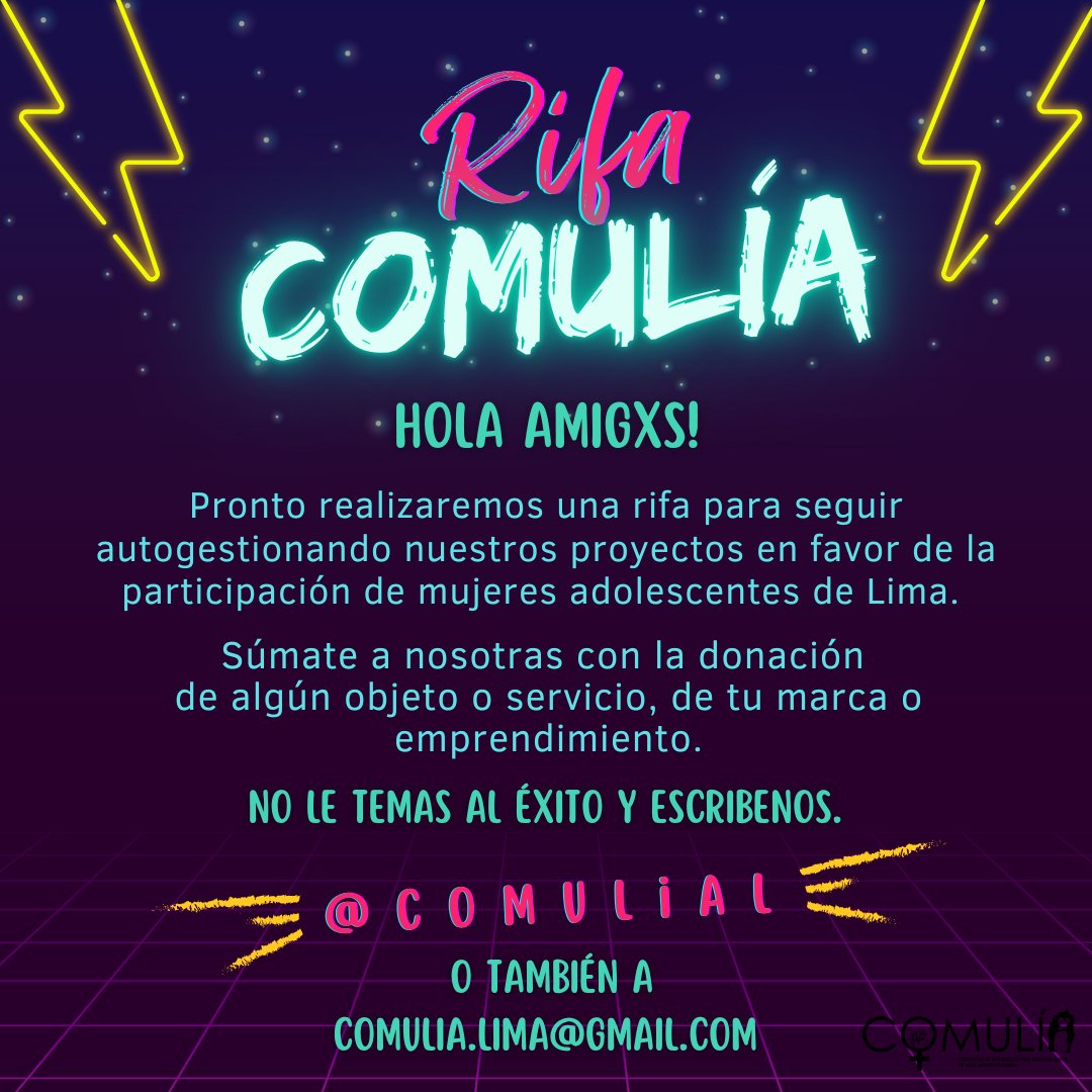 ComuliaL's tweet photo. ¡Hola amigxs!
Queremos contarles que se vienen cositas súper chéveres 🔥💜 y apostando por el camino de la #autogestión pronto realizaremos la RIFA COMULIA. 🎟️🎉💰
Súmate a nosotras. 💁 https://t.co/YLLCyVtlH5