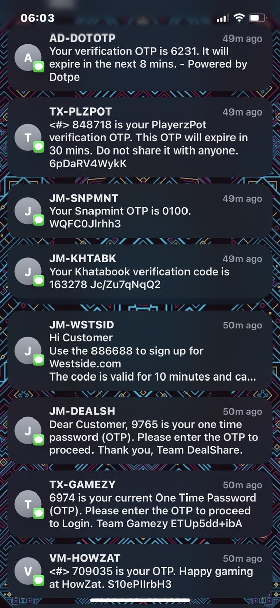 gk_8888's tweet photo. Who said #iPhone's can't be #Hacked ,here it is! Many App #OTP's rolled out this morning when i was asleep. So @Apple @AppleSupport how can i not think that next OTP can't be my bank's ?! #applebug . Who says iPhone has best security definitely not me now!! https://t.co/MLOm42q4VV