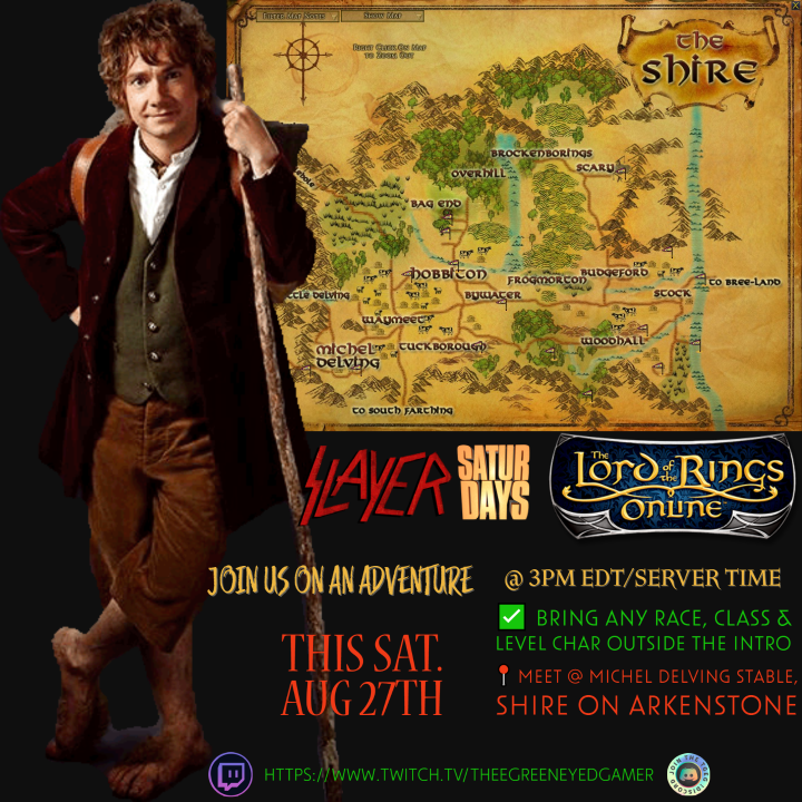 Jessica13691067's tweet photo. 🪙  Slayer Saturday 
➡️ Shire Slayers &amp; Discoveries
🧙‍♂️ Bring ANY char, level, race, or class 
🗓️ August 27th
🕒 3PM EST
🌎 Arkenstone
🗺️ Meet @ Michel Delving Stable, Shire
👩‍💻 Live @ https://t.co/2zYg001How
#lotro #lotrofamily #slayersaturdays #mmorpg #twitch  #F2P https://t.co/xQtzj0gItj