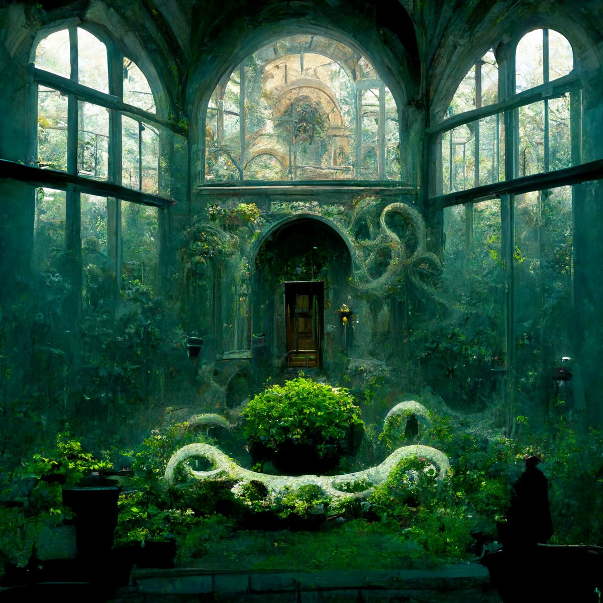 /imagine Octopus in the courtyard of a mansion photorealistic gothic garden...