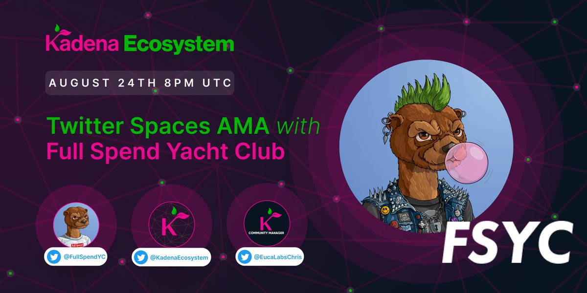 We are giving away 1 free mint and 3 WL in our space tomorrow with <a href="/KadenaEcosystem/">Kadena Ecosystem</a>!

To enter: 
RT + Tag 3 + Follow <a href="/FullSpendYC/">FSYC 's old account- we are now @FullSpendMining</a> × <a href="/KadenaEcosystem/">Kadena Ecosystem</a>
+ Be present in the space tomorrow!

x.com/i/spaces/1mnGe…