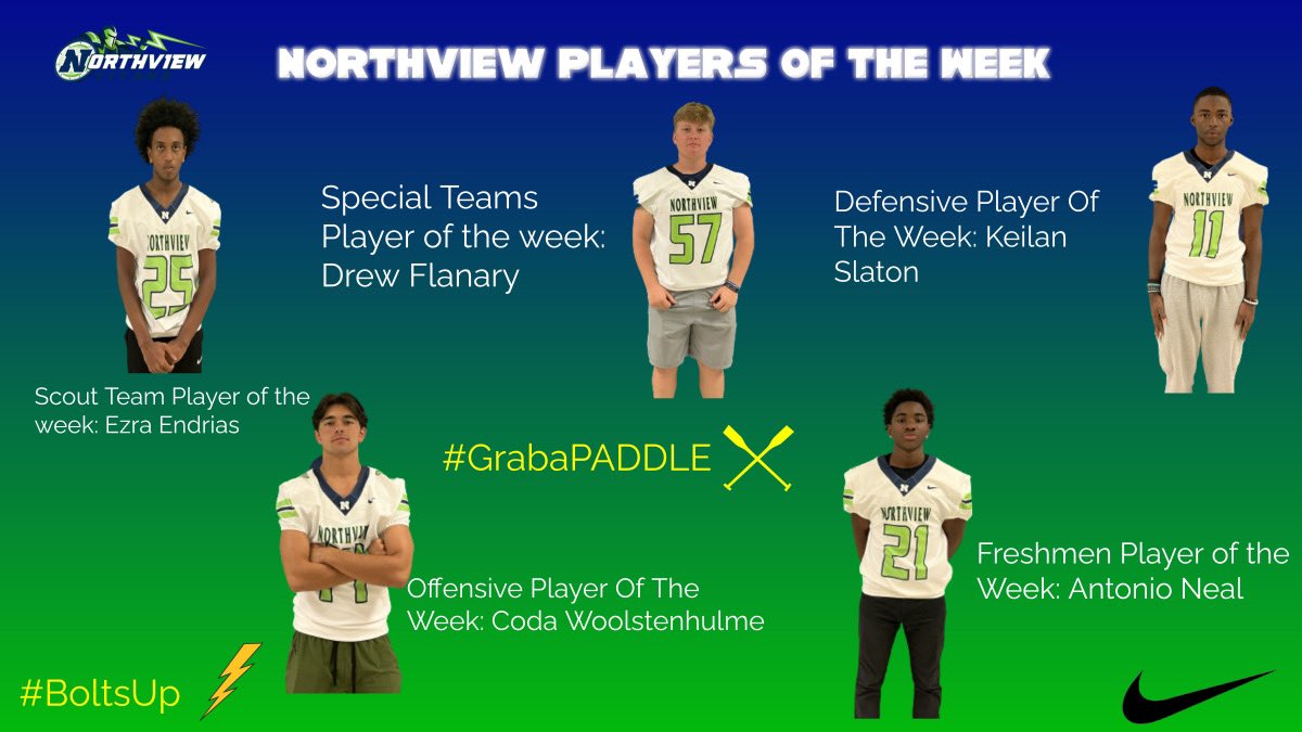 NorthviewHSFB's tweet photo. Congratulations to our players of the week @ezraendrias #Drewflanary #KeilanSlaton @CodaWoolstenhu1 #AntonioNeal #BoltsUp ⚡️#GrabaPADDLE https://t.co/Ppo1FuxQ4L