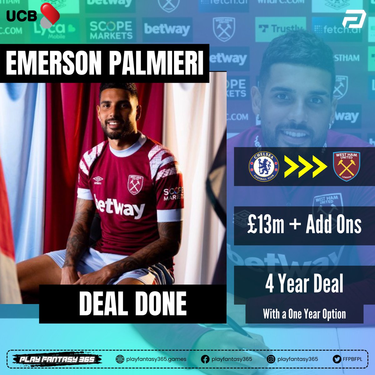 FFPBFPL's tweet photo. Westham United have singed Emerson Palmieri from Chelsea #WHUFC

‣ Permanent Deal of Four years with the option of one year extension.
‣ Fee £13m + £2m Add-ons
‣ £4.0m priced on FPL

#FFPB #FPL #GW3 https://t.co/Hi5PgZrW69