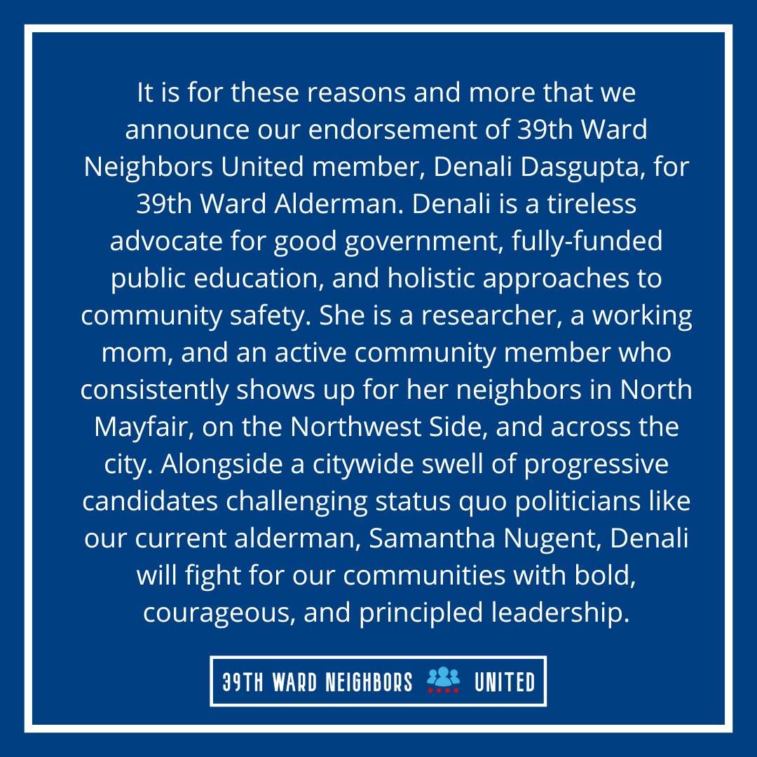 📢 ENDORSEMENT ANNOUNCEMENT📢 
We are proud to endorse @Denali4the39th in her campaign for alderman. Denali will fight for our communities with bold, courageous, and principled leadership. Join us in this work by signing up at: 39thwardneighborsunited.org/get-involved