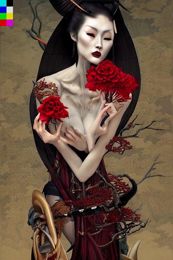 "Regret crawls in my heart
Threatening to take me down
I push it away
But it always comes back..."
-OpenAI

#art #aiart #nftart #digitalart #darkfantasy #aiartcommunity #stablediffusion #generativeart #neonihonga #geisha #geishaart