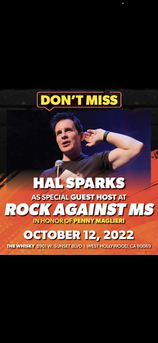 RockAgainstMS64's tweet image. Don’t miss Hal Sparks at Rock Against MS at the @TheWhiskyAGoGo on October 12, 2022!! @HalSparks @NerdHalen @RaokRaven @RRProjectLoVe @Lisamwoodard @TheIronMaidens @anniebosko @tiffanytunes @IdolXtribute @stephenperkins @jimmydanda #HalSparks #RockAgainstMS #WhiskeyAGogo 🎸🧡🎸🧡