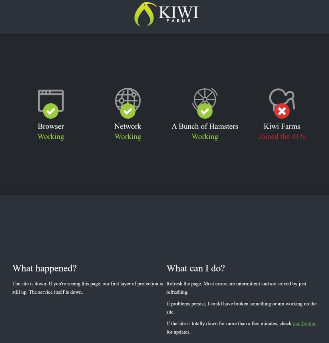 keffals's tweet image. One of the error messages when Kiwifarms goes down, says "Kiwifarms has joined the 41%" a reference to transgender suicide attempt rates. The majority of the people they've driven to suicide and make threads about are transgender. This website is the stormfront of transphobia