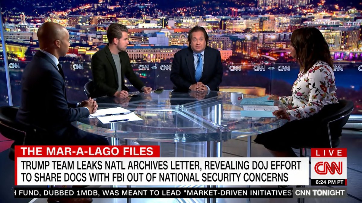 Porter_Anderson's tweet photo. Media: @gtconway3d to @thelauracoates: "The bottom line is that these documents were stolen. They're stolen documents. The fact that they're sensitive, SCI top secret documents adds to the weight of whether to prosecute. But the point is that they belong to the United States." https://t.co/QlBbl9TY4M