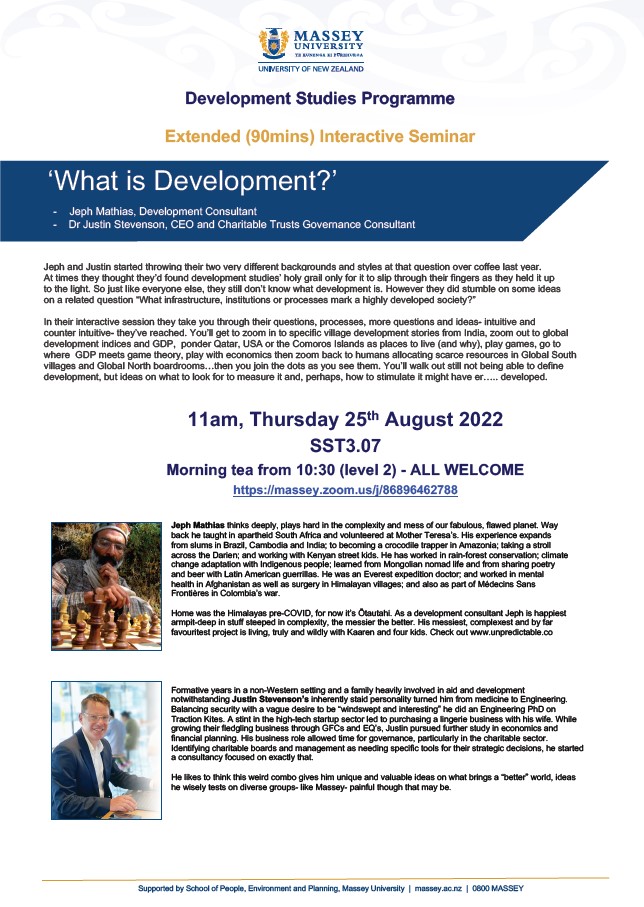 Our seminar this Thursday, 25th August 11am – 12.30pm is titled ‘What is Development?’ and presented by Jeph Mathias and Dr Justin Stevenson.
This is an interactive session taking you through the question we all seem to never be able to answer: what is development? 
ALL WELCOME