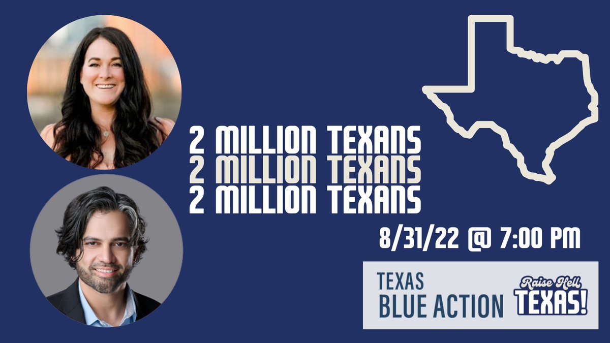 raisehelltx's tweet photo. Join us on 8/31 at 7pm for a virtual chat and training with Lana Hanen and Sri Preston Kulkarni from @blueactiondems

Find out how they are organizing to reach 2 MILLION TEXANS before election day!

Learn more and RSVP here: https://t.co/0fdAhxQf1N
#raisehelltx #2milliontexans https://t.co/mwe1lzGjzY