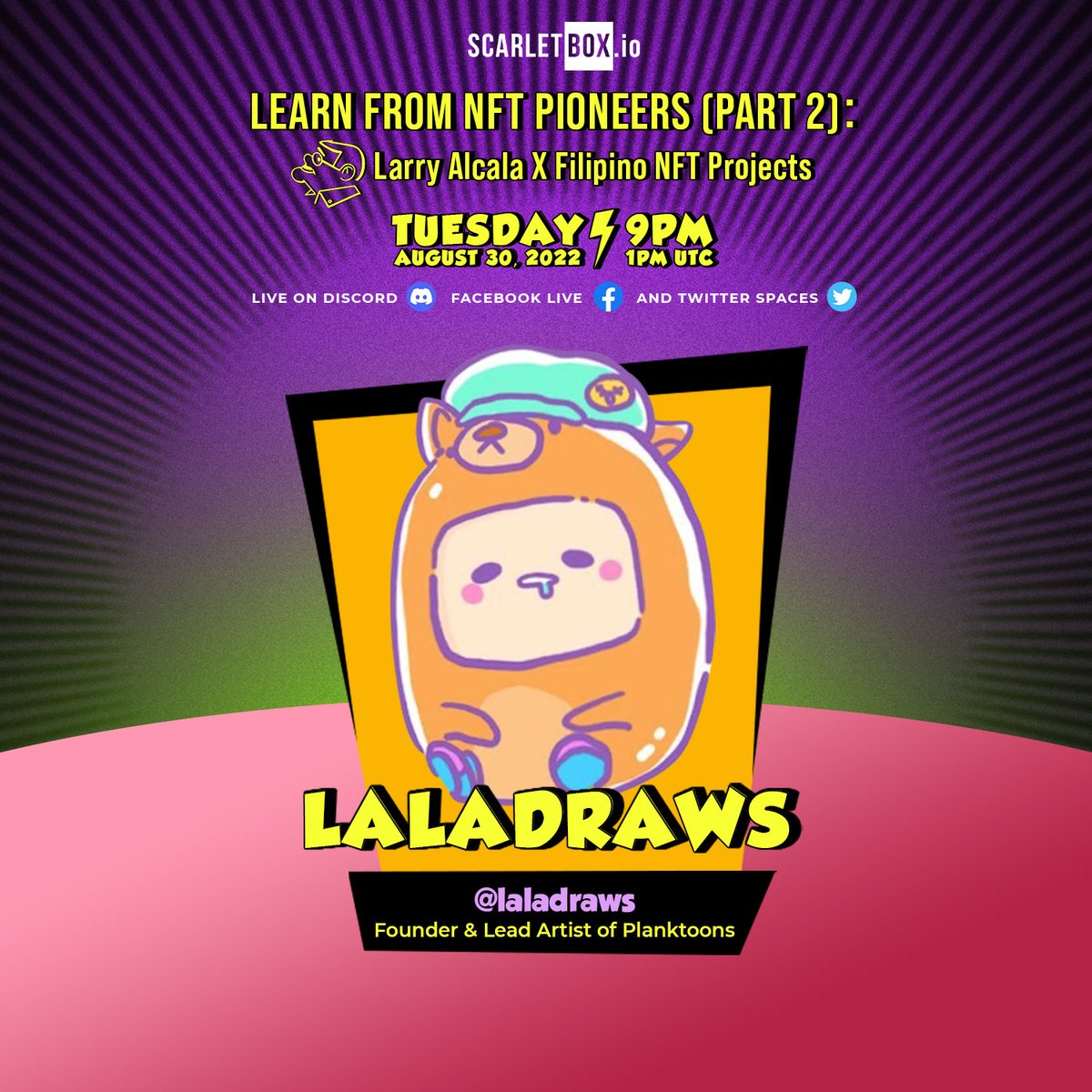 Let's learn more about #NFTs from NFT Pioneer, @laladraws, Founder and Lead Artist of <a href="/PlanktoonsNFT/">Planktoons</a>! 🤩

Aug 30 | Tues | 9 PM (1PM UTC)

Set your reminders:
x.com/i/spaces/1MYxN…