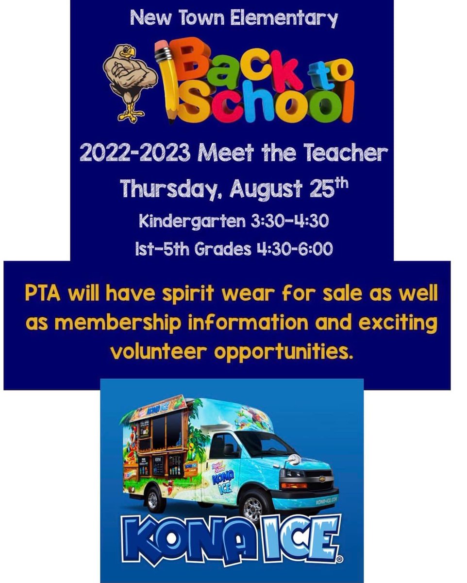 📢 Thursday 8/25…..Meet the Teacher! Kona Ice will be selling tasty treats. Our PTA will be available with NEW Spirit Wear for sale as well as plenty of volunteer opportunities for you to put the ”P” in PTA!