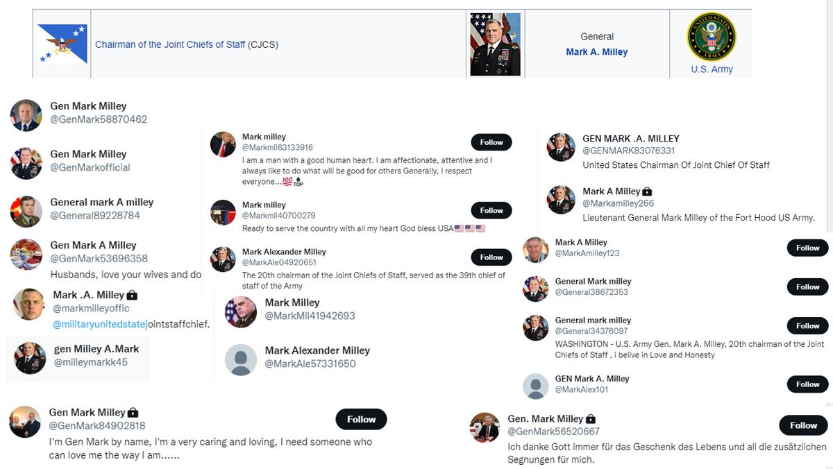 GarWarner's tweet image. But Ronnie!  Why are you upset about the Ethereum Crypto Scammer when the Chairman of the Joint Chiefs of Staff has 100+ accounts?

I like the ones who use Emojis to "authenticate" themselves!

Welcome to Twitter, General Mark Milley!

#RomanceScam #GeneralScams #TwitterBots