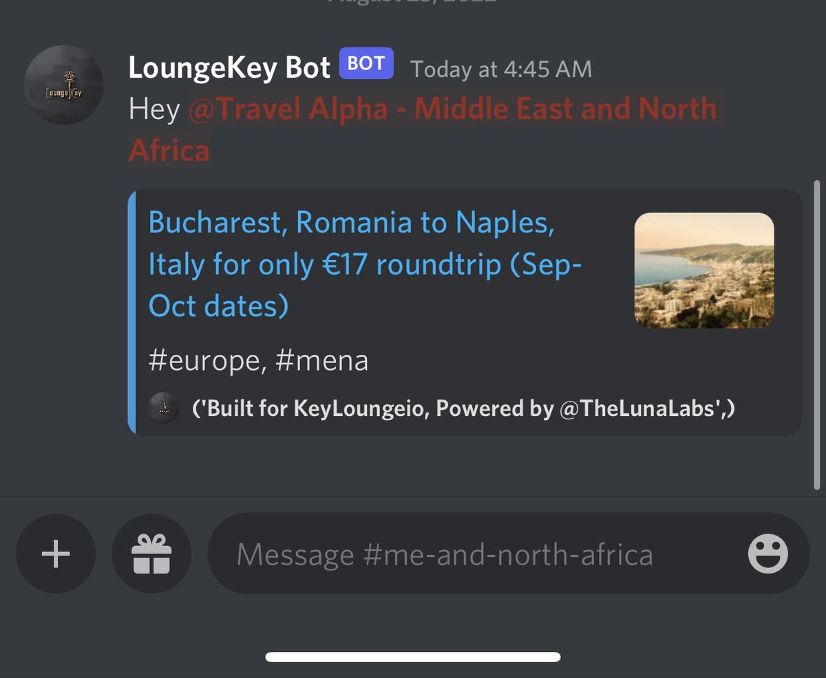 LoungeKeyIo's tweet photo. Deal of the day 8-23 (1 of 46 deals) Romania to Naples Italy €17 roundtrip!
Make sure to follow us @LoungeKeyIo and tell us in the comments where you want to see the next deal from/to for your chance at an invite to our private discord!
#NFT #Travel #SolanaNFT #PrivateDiscord https://t.co/kRpAipKJ6g