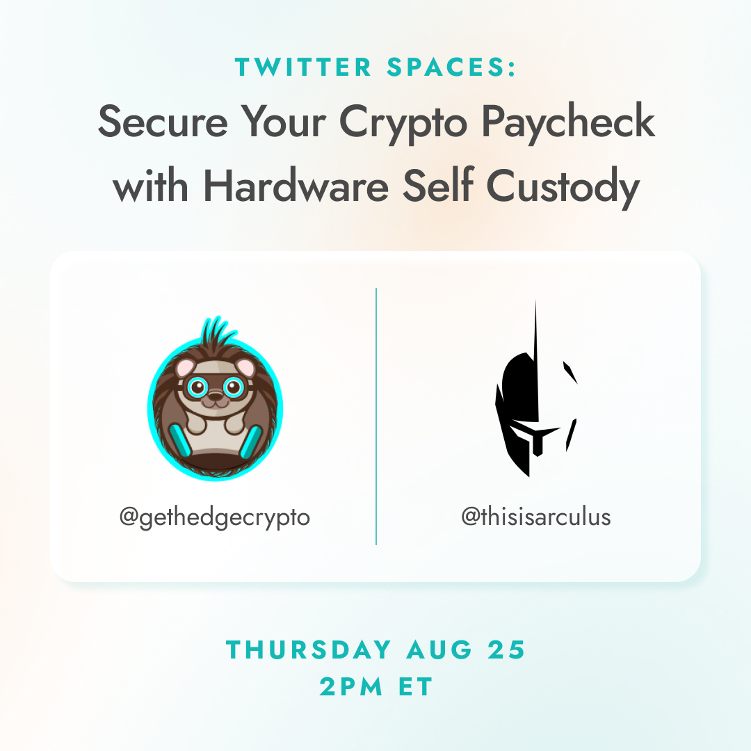 thisisarculus's tweet photo. Are you interested in learning how to convert your paycheck to crypto? Join us for a Twitter Space this Thursday, August 25th, at 2PM ET with @gethedgecrypto, discussing how to secure your crypto using a non-custodial hardware wallet. (Hint: Get Arculus™)
https://t.co/zRZLiUhOr6 https://t.co/YLZxM6g6Ev