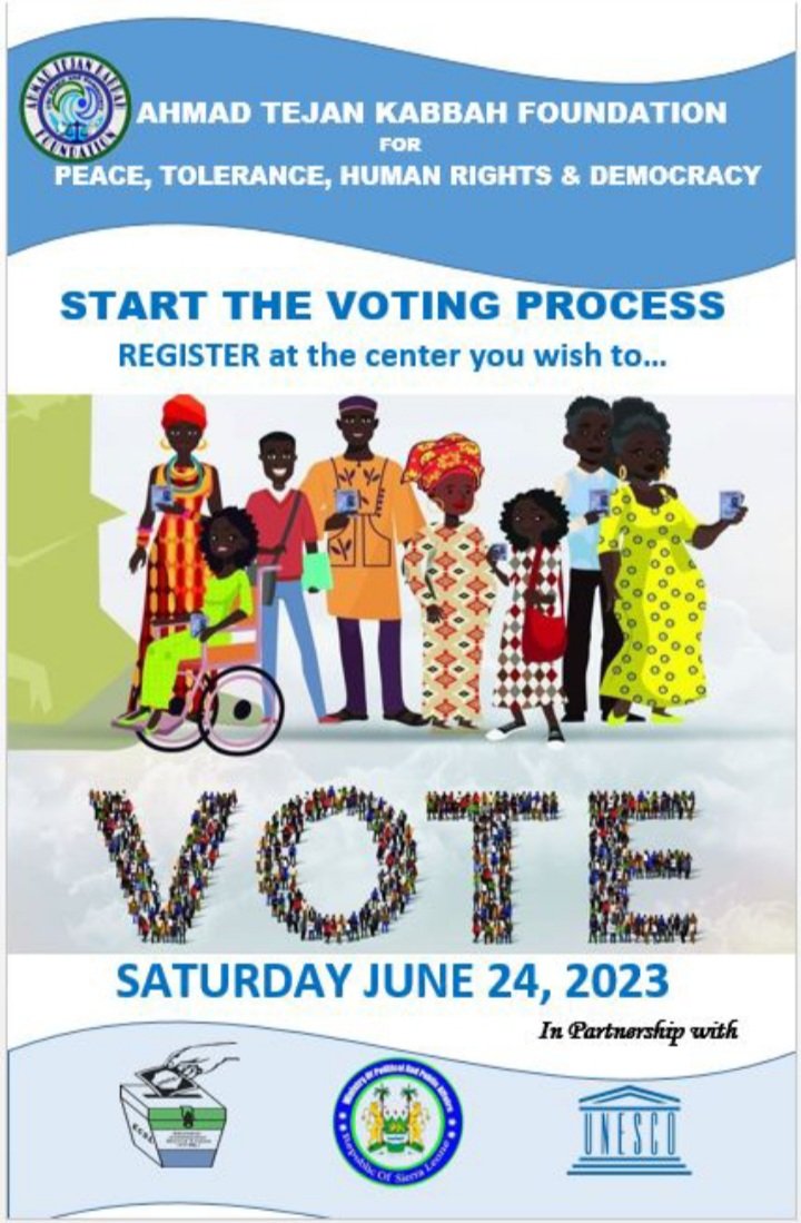 foundation_atk's tweet photo. The Ahmad Tejan Kabbah Foundation for Peace, Tolerance, Human Rights and Democracy encourages all Sierra Leoneans to fully participate in the Voter Registration in fulfilment of their citizens' rights and obligations in all democratic processes. https://t.co/qVSeZApcmy