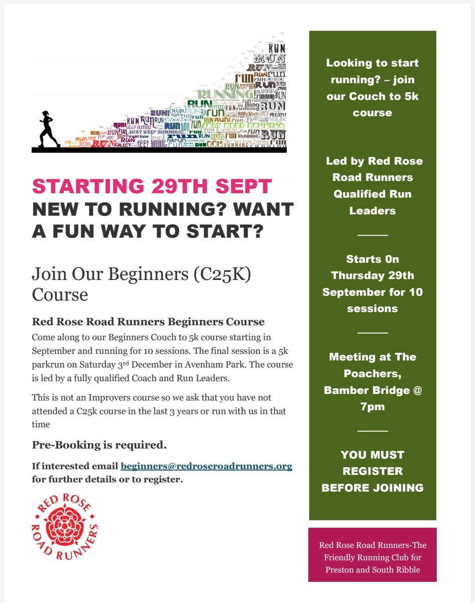 Is that time again! The next Red Rose Road Runners Beginners course starts Sept 29th. For info and to register email: beginners@redroseroadrunners.org