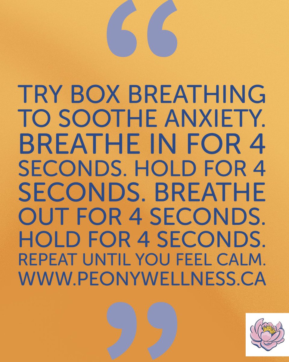 Soothe anxiety with the Box Breathing technique. Try the box breathing technique for anxiety. Breathe in for 4 seconds. Hold for 4 seconds. Breathe out for 4 seconds. Hold for 4 seconds. Repeat until you feel calm. peonywellness.ca #breathwork #calm #anxiety #mentalhealth